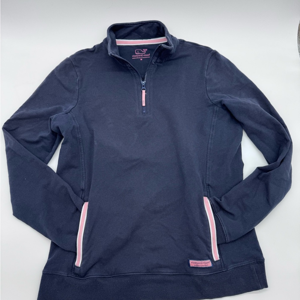 Vineyard Vines‎ Women’s Navy Quarter-Zip with Pink Detail, Kangaroo Pocket, Med